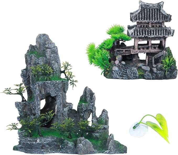 Saim Extra Large Aquarium Decorations, Resin Castle and Artificial Rock with Plants (Ancient Temple with Mountain) Fish Hideout Cave for Amano Shrimp Cichlid to Play, Hide and Rest Hardscape