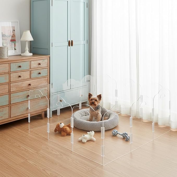 Transparent Acrylic Dog Gate Indoor, Free-Standing Pet Gate, 16" Height (Size S) Foldable 6 Modular Panels, Dog Fence for Doorways, Hallways, Stairs, No Drilling, Perfect for Puppies and Small Pets