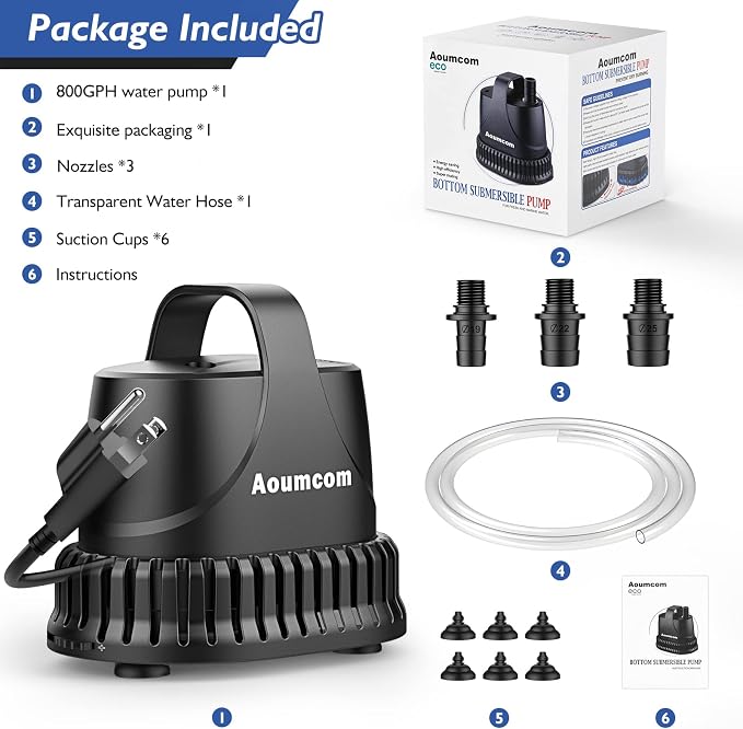 800GPH Submersible Water Pump, 40W Water Fountain Pump, Aquarium Pump, 3000L/H Water Pump with 7ft Power Cord for Garden Fountain, Water Table, Waterfall, Fish Tank, Pond, Hydroponics