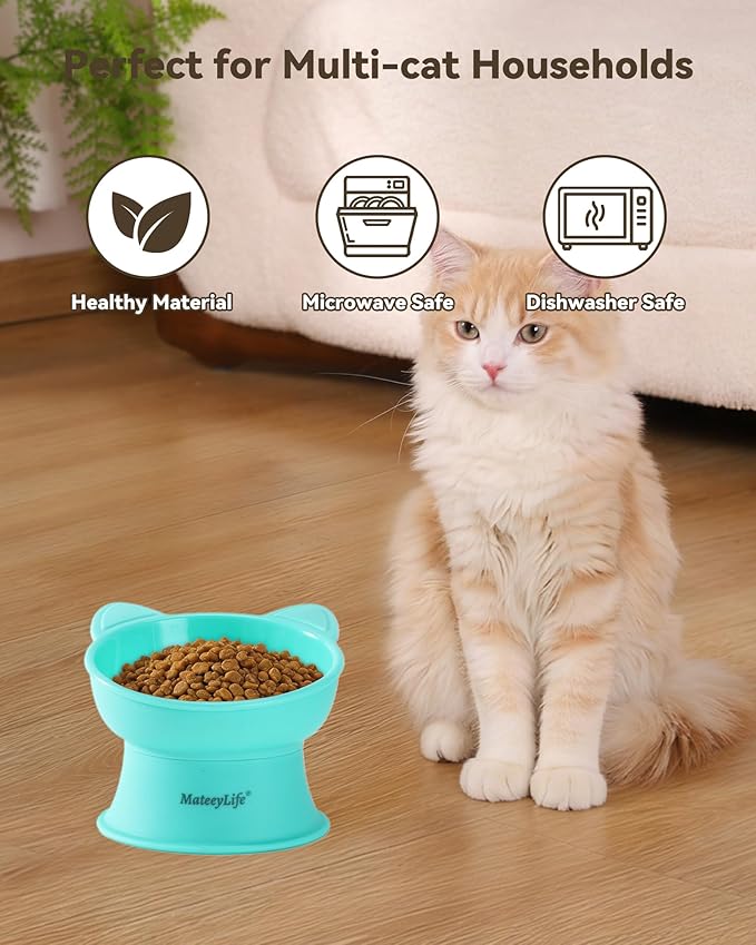 MateeyLife Raised Cat Bowls, Cat Food Bowl Elevated for Kittens & Small Dogs, 15°Tilted Protect Pets' Neck and Anti Vomiting, Whisker Friendly Food & Water Feeding Bowl, 6 oz Each - Green