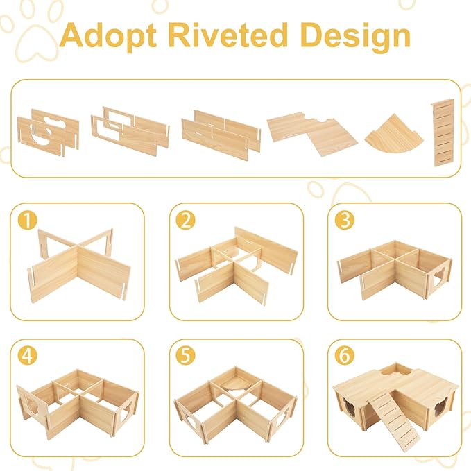 RETON Wooden Hamster House, Hamster Hideout Corner Hamster Accessories, Hamster Hides Platform with Stairs, Hamster Toys Cage Decor for Syrian Hamsters Dwarf Hamster Rat Gerbil