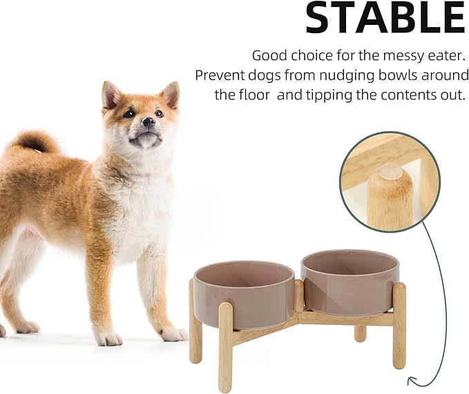 Havniva Ceramic 6.1inch Raised Dog Bowl with Stand for Small and Medium Breed Dog Dish Pet Food and Water Bowl (Double Bowl with Stand - Brown Coffee, 28oz)