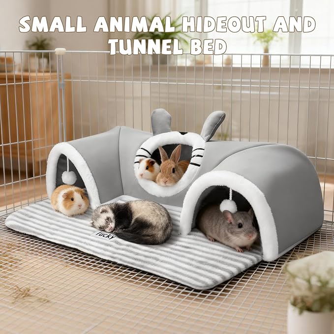 YUEPET 3-Way Bunny Tunnel Bed, Removable & Washable Rabbit Tunnels,Bunny Play Tunnel with Cozy Bed for Indoor Medium Small Rabbits Adult Guinea Pigs Hamsters, Cage Accessories for Small Pets (Grey)