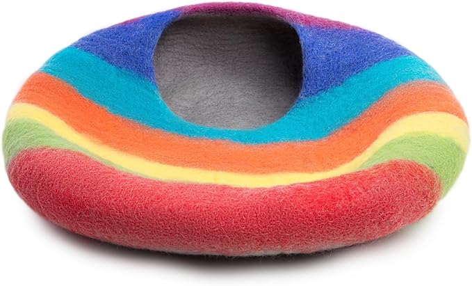 Woolygon Premium Felt Cat Cave Bed – Wool Kitty Beds Handcrafted Kitten Caves Bed for Indoor Cats - Made from Merino Wool, Foldable Cat Hideaway Covered Cat House Pod (Rainbow Twist)