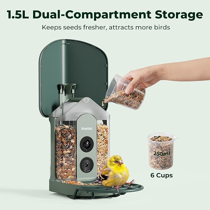 Kiwibit Solar Smart Bird Feeder with Camera, AI Bird Species Identification, 8MP Photos, 4K UHD Video Live Stream Wild Bird House Feeders for Outdoors, Bird Watching Gifts for Bird Lovers, Green