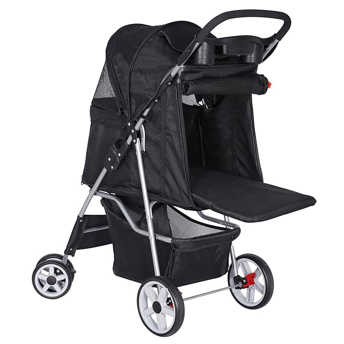 Pet Stroller for Dogs, Black 4 Wheels Cat Strolling Cart Foldable Travel Carrier, Waterproof Puppy Jogger Stroller with Storage Basket & Cup Holder