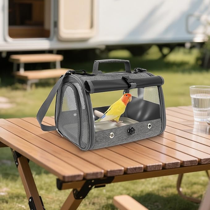 Bird Carrier Bird Travel Cage with Standing Perch Mesh Travel Bag with Clear Windows Lightweight and Portable Parrot Carrier Parakeet Cage for Hiking Camping
