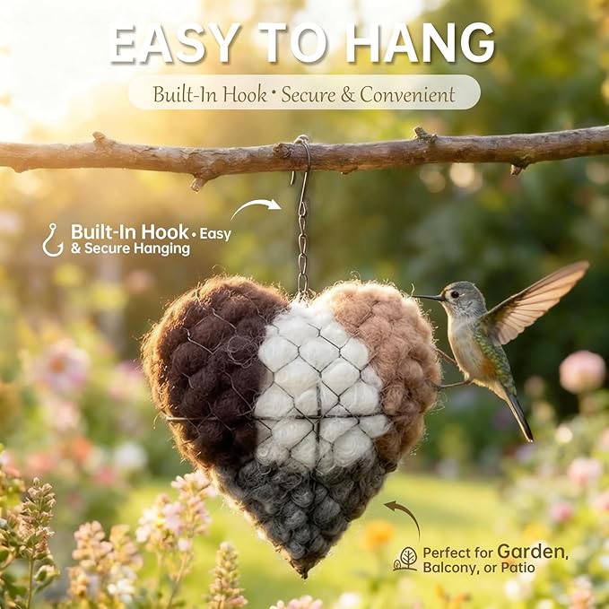 Handmade Alpaca Fiber Bird Nesting Heart – Refillable Bird Haven with 4 Nesting Material Refill Bags – Eco-Friendly Hanging Nest for Hummingbirds & Wild Birds, Garden & Yard Décor (2Sets)