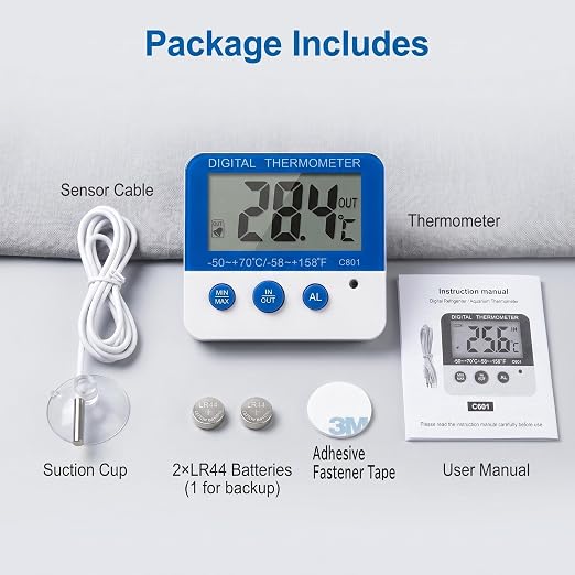 2Packs Fridge Freezer Digital Thermometer with Probe, Accurate Temperature Gauge with Built-in Default Frost Warning, Custom Alarm & Min Max Readings for Wine Cellar Aquarium Incubator Greenhouse (2)