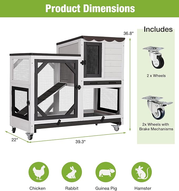 GUTINNEEN Duplex Rabbit Hutch Indoor with Chew-Proof Frame & 2 Leak-Proof Sliding Trays, Rain Cover, Wooden Guinea Pig Cages with Wheels - Black and White