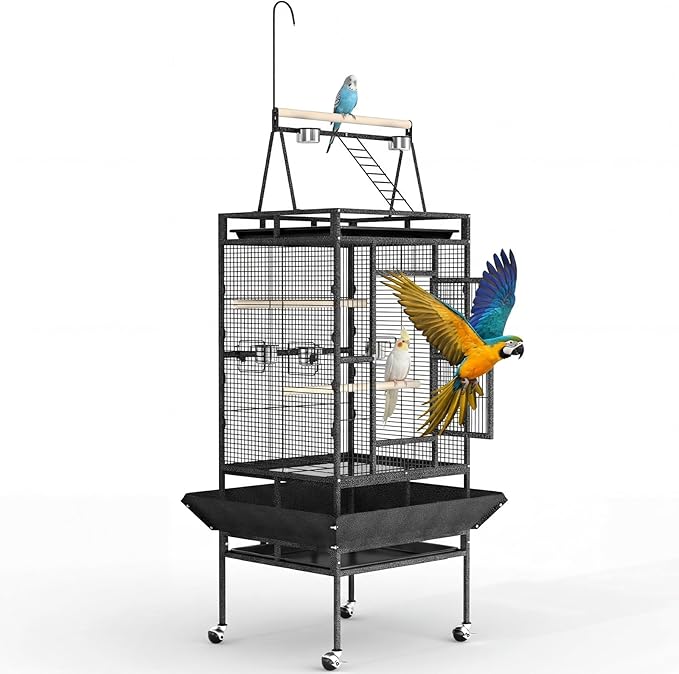Extra Large 82-Inch Parrot Cage with Play Top – Heavy Duty Wrought Iron Flight Birdcage – Rolling Stand, Spacious Design, Rope Perch, Removable Tray, Powder-Coated Speckled Black