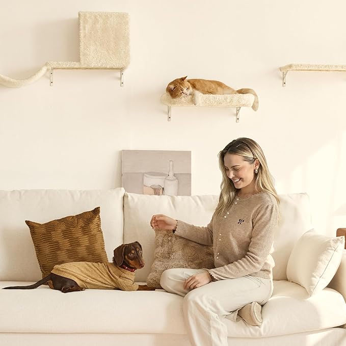 FUKUMARU Cat Wall Shelves, Stable & Safe 5 in 1 Cat Walls Furniture Set, Wooden Kitten Climbing Wall with Scratching Post for 16 Inch Drywall - Beige