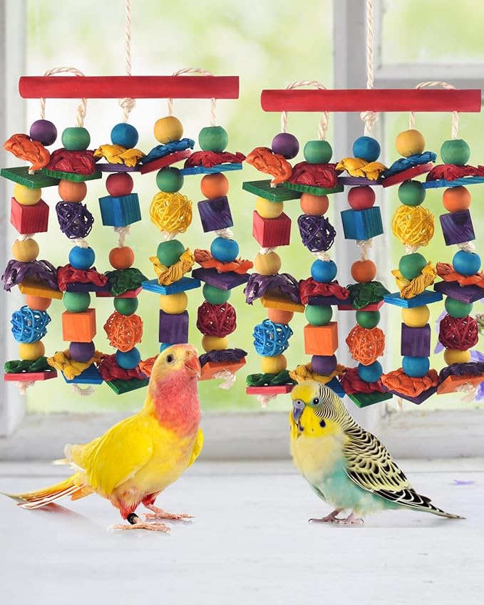 DBNESS Bird Toys, 2PCS Parrot Foraging Hanging Toy, Multicolored Natural Wooden Blocks Parakeet Chewing Toys mit Rattan Wicker Balls, for Medium Small Cockatoos Budgie Lovebird Cockatiel Conure