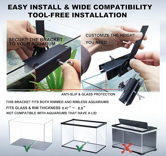 Metal Aquarium Light Riser Clamp, 2Pcs | Full Metal, Fits Rim Up to 0.9”, Max 4.9” Wide Light, 0-6.5” Adjustable Height