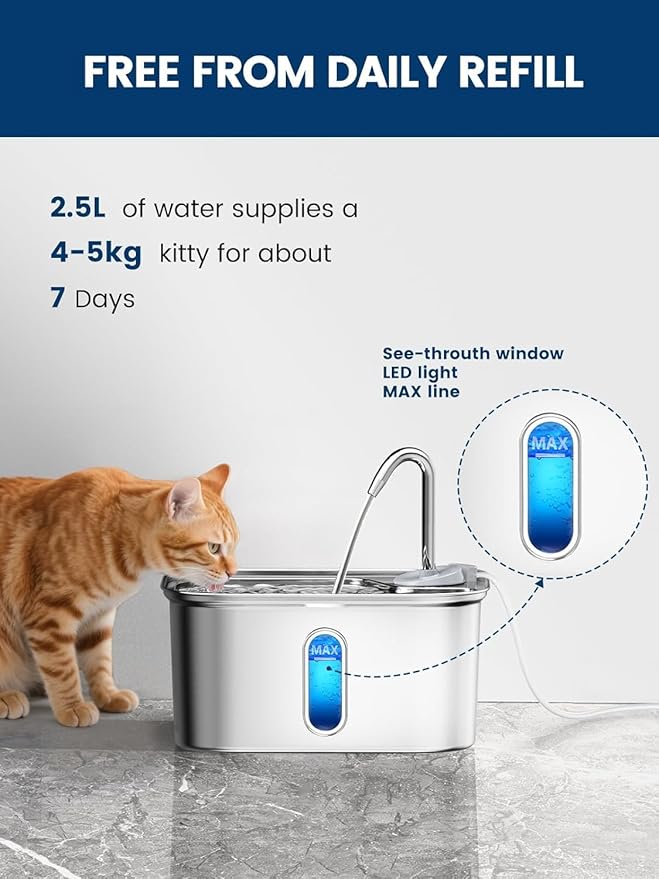 Cat Water Fountain Stainless Steel for Cats Indoor 2.5L 85oz by BPA-Free SUS304, 4pcs Effective 6-Layer Filter Cat Fountain for Drinking 20dB Ultra Quiet Metal Pet Water Fountain (Fountain+4 Filters)