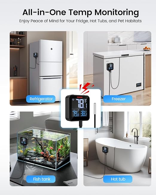 WiFi Refrigerator Thermometer, Freezer Alarm with LCD Display | Digital fridge monitor with app alerts & buzzer & indicator alarm, anti-false for kitchen, fish tank and hot tub, 2.4G Wi-Fi
