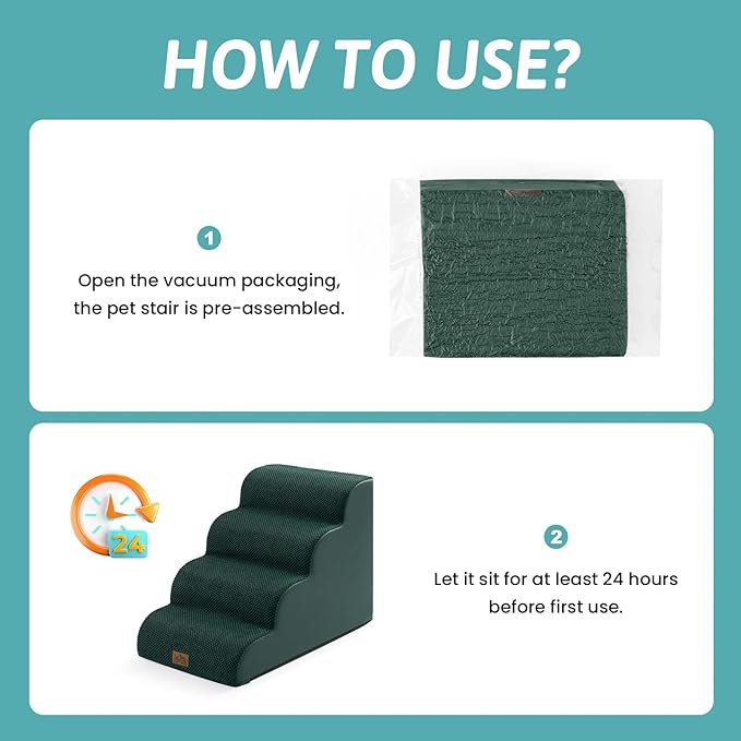 COZY KISS Wide Dog Stairs for Small Dog 19.7" H, Pet Step for Puppy, Older Cat, Curved Ramp for Bed, Durable Anti-Slip Ladder with High Density Foam, 4 Step, 17.7x28x19.7 inch, Dark Green