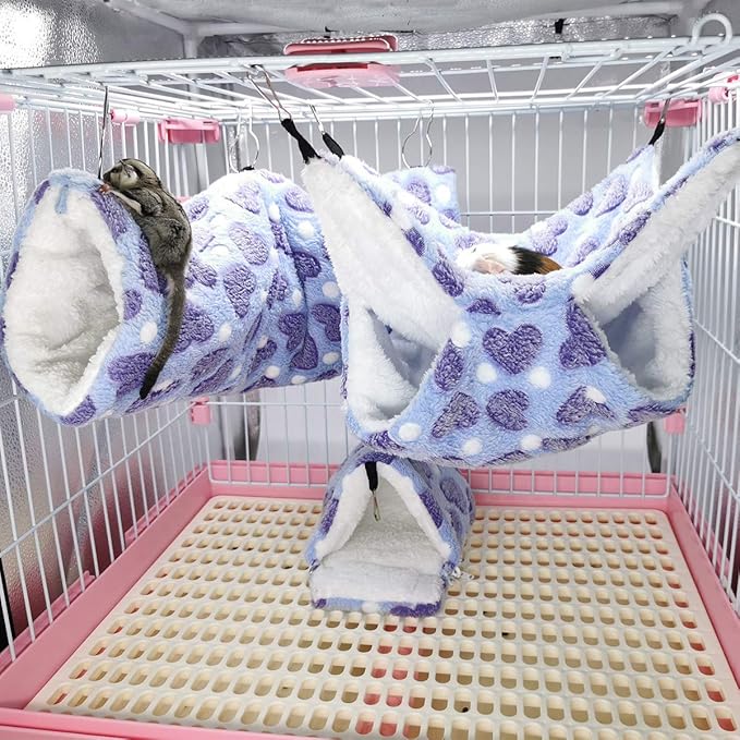 LEFTSTARER Hanging Tunnel for Small Animals Guinea Pig Accessories Sugar Glider Cage Accessories Hamster Rat Toys Ferret Hammock(Heart-Purple)