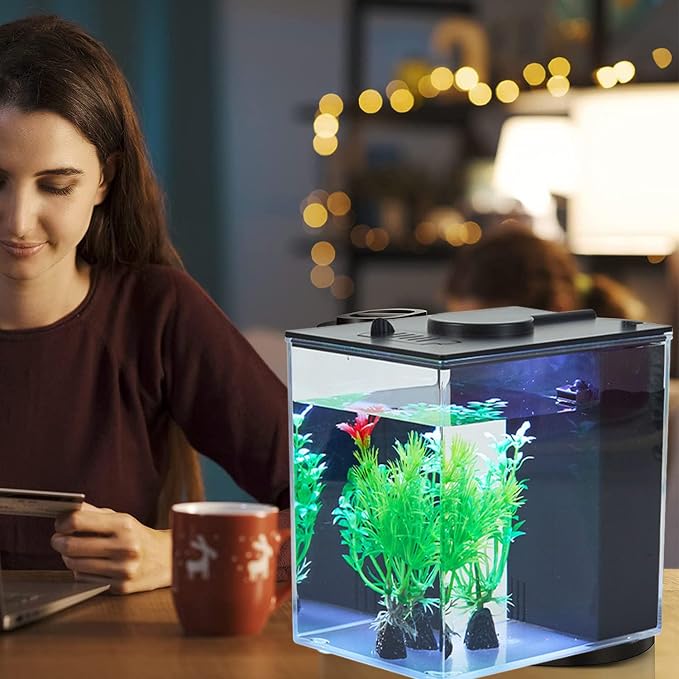 Mini Fish Tank Betta Aquarium Starter Kits Multifunctional Desktop with Switch Button LED Aquarium Kit White, 1 Gallon(Black)