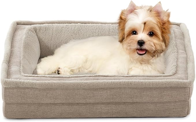 Laojin Balhen Cat Couch for Pets, Washable Cat Beds for Indoor Cats, Super Soft Plush Supportive Dog Couch Bed for Puppy and Kitten with Anti-Slip Bottom, 26inch, Beige