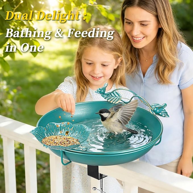 Mellbree Bird Bath Deck Mounted 12", Balcony Fence Railing Clamp Birdbath with Perch & Feeder Bowl Metal Lake Blue with Gold Gilding, Detachable Multi-Functional Balcony Railing Bird Bath