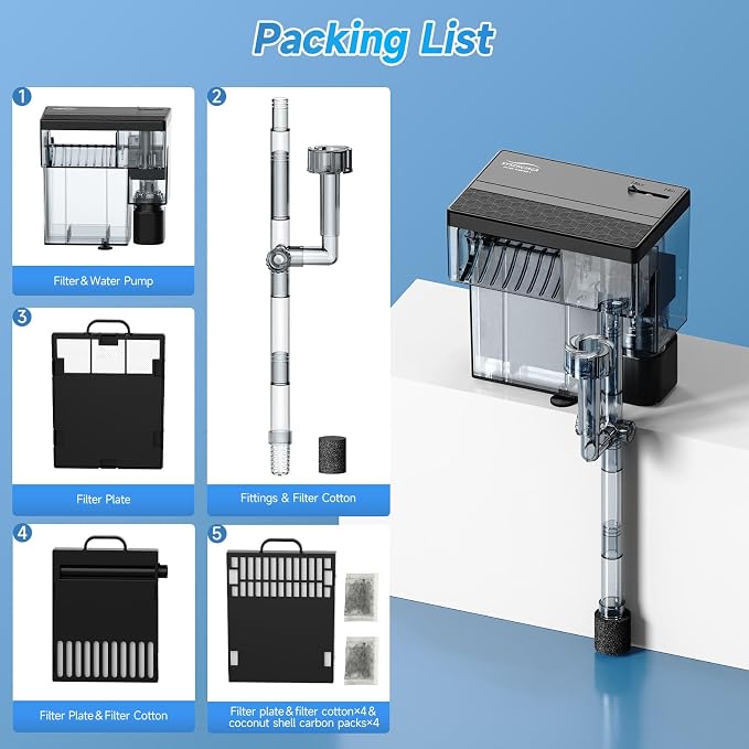 6W Aquarium Filter, 145 GPH Hang-On Waterfall Filter with Skimmer | Designed for low-noise filtration in 7-14 gal tanks, with adjustable flow, surface skimming, and reusable sponge media