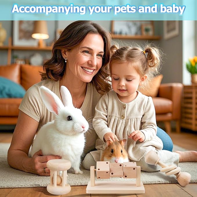 AOWPFVV 3 Pcs Wooden Hamster Enrichment Toys, Guinea Pig Chew Toys for Syrian & Dwarf Hamsters,Rabbits, Gerbils, Rats, Chinchillas, Small Animals Playing Teeth Grinding Indoor Outdoor