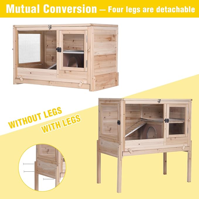Aivituvin 2-Story Indoor Rabbit Hutch Guinea Pig Cage with Stand, Wooden Bunny Cage Small Animal Cages with Chew-Proof Ramp, Pull-Out Tray & Leakproof PVC Layer (Natural Wood)