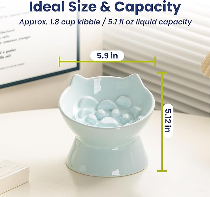 PawsPik Lynx Ceramic Raised Slow Feeder Dog & Cat Bowl, Tilted 15° Elevated Pet Food Bowl, Whisker-Friendly Anti-Choking Dish, Dishwasher Safe (Sky Blue)