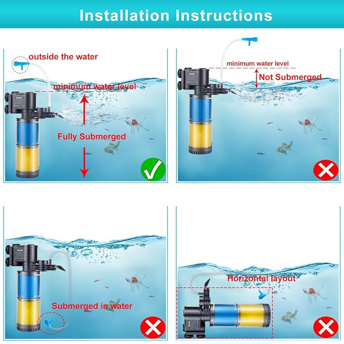 Internal Fish Tank Filter, 2-Stage Biochemical Sponge Filtration, 90GPH Adjustable Water Flow Submersible Aquarium Filter Pump with Aeration for 15~20 Gallon Freshwater Saltwater, TH280A(90GPH)
