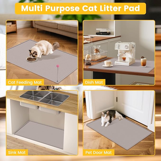 Cat Litter Mat, 38"X25" Large Litter Box Mat, Waterproof and Easy to Clean Silicone Cat Mat for Litter Box, Mat Litter Trapping Mat for Scatter Control, Keep the Floor Clean (Khaki)