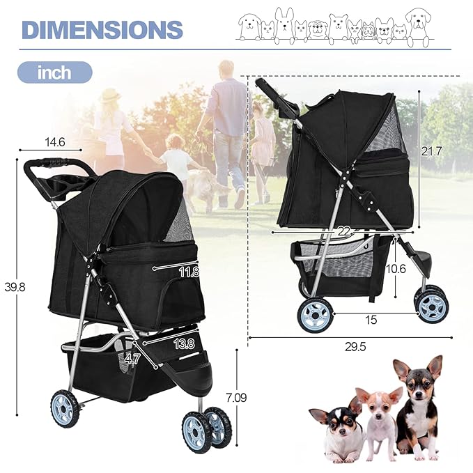BestPet Pet Stroller Dog Cat Jogger Stroller for Medium Small Dogs Cats Folding Lightweight Travel Stroller with Cup Holder (Black, 3 Wheels)