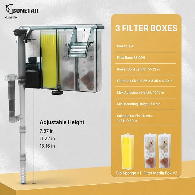 BONETAR Aquarium Filter for 10-25 Gallon Fish Tanks, Easy Change Replaceable Filter Cartridge, Customizable Media Chamber, Quiet Water Filtration for Freshwater & Saltwater Aquariums | Easy Change Replaceable Filter Cartridge, Customizable