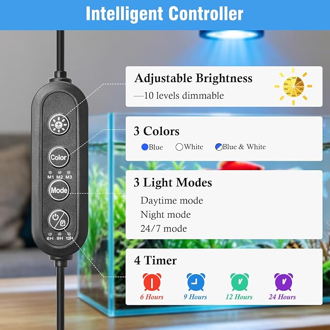 HITOP Clip-On Aquarium Spotlight for 30-55cm Reef/Freshwater Tanks, Fish Tank Light with COB LED, White & Blue Color, Auto Mode &Timer, Adjustable Height & Angle