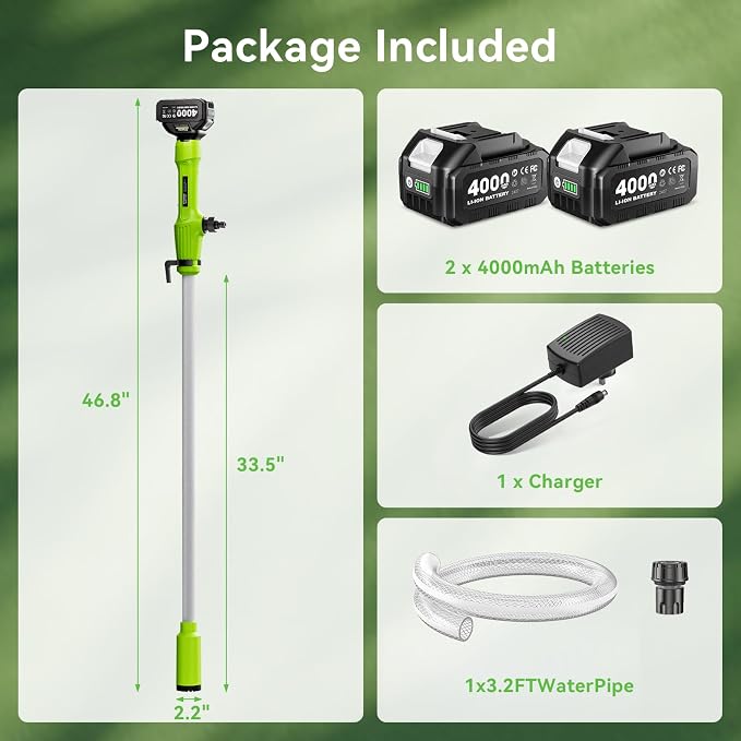 Taskstar Cordless Stick Transfer Pump for Water/Diesel, 2.2" Slim Filter OD | 720 GPH Draining, 16 FT Lift, 30-Min Runtime Per 4.0 Ah Battery, for Basement, Pool, Pond, Rain Barrels, Boat, Aquarium & RV