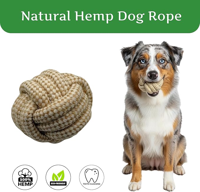 Natural Hemp Dog Rope Toy, Durable Chew and Tug Toy for Medium and Large Dogs, Biodegradable Dental Cleaning Pet Toy (Ball)