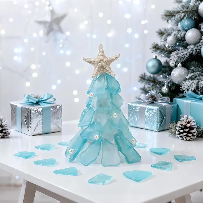SUREAM Blue Sea Glass Decor, Flat Frosted Sea Glass for Christmas Tree Decor, Beach Glass for Wedding Centerpieces Party Home Decoration(13oz)