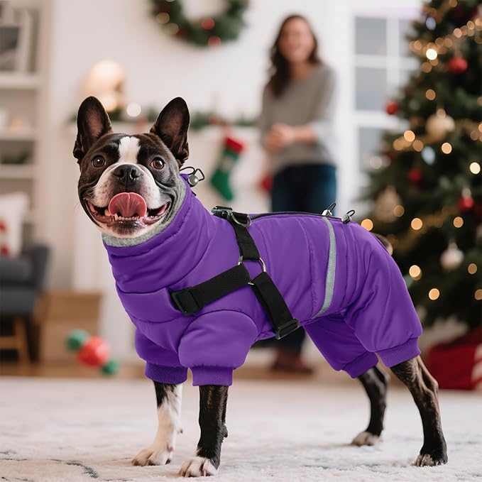 BRKURLEG Purple Dog Coat with Harness, Dog Winter Jacket, Dogs Onesie Body Warm Jackets, Small Dogs Winter Coats Reflective Windproof Warm Cold Weather Coats, Pet Waterproof Jackets, XL