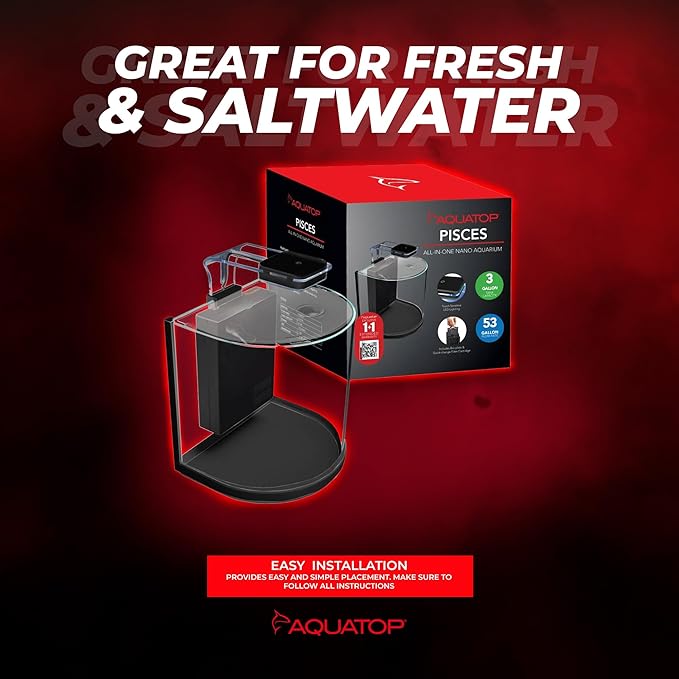 Aquatop Pisces Curved Bowfront Aquarium, 3 Gal - 53GPH – Nano Semi-Circle Glass Aquarium Kit – Touch LED Light – Built-in Filter for Fresh & Saltwater