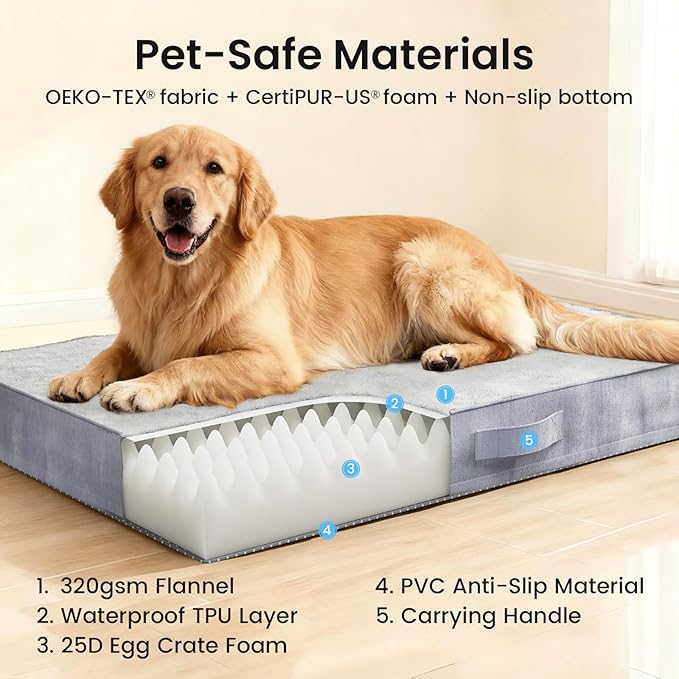 OhGeni Orthopedic Waterproof Dog Bed for Extra Large Dogs, Machine-Washable Removable Cover in Easy-Clean Fabric, High Density Foam & Easy-Carry Handle, Suitable for Crate, 41 inch (Gray)