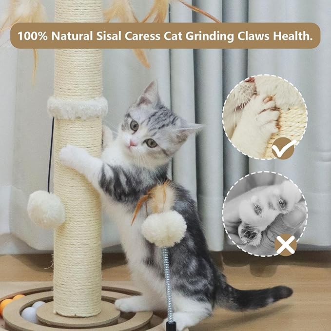 PEEKAB Cat Scratching Post Sisal Scratch Posts for Indoor Cats and Kittens,with Tracking Ball Interactive Toys and Hanging Balls 25 Inches Beige