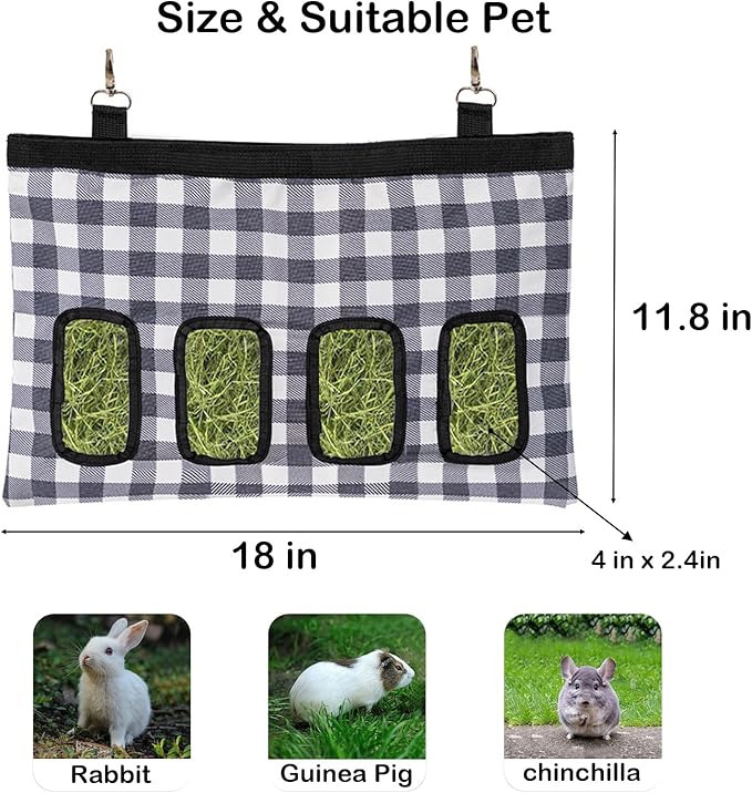 Rabbit Hay Feeder Bag, Large Capacity Rabbit Hay Bag Small Animal Hanging Hay Bag 600D Oxford Cloth Bunny Hay Feeder Bag for Rabbits Guinea Pigs Chinchillas (Plaid-4 Holes-1Pcs)