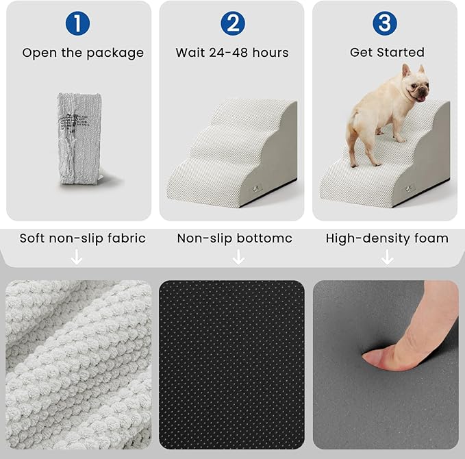Airpanda Dog Stairs for Small Dogs and Cats – 3 Step Pet Ramp for Couch & Sofa, Non-Slip Dog Steps for Pets, Washable Cover, High-Density Support Foam for Easy Climbing,Light Grey