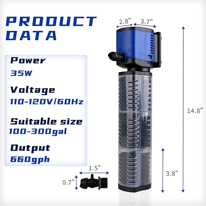 coospider-repta Aquarium Filter for 100-300 Gallons Tank, Powerful 660GPH Internal Fish Tank Filter, Pump Submersible Filter with Sponge for Large Fish Tanks, Turtle Tanks