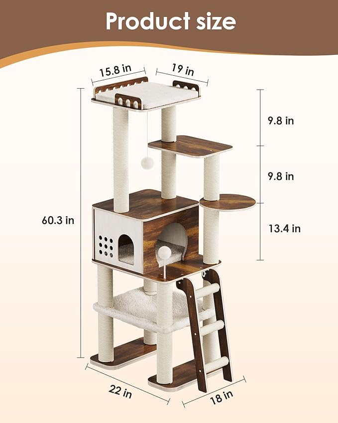 Modern Cat Tower, 60.3 Inches Multi-Level Cat Tree with Dark Wood-Look Panels, Sisal Scratching Posts, Hammock & Plush Perch, Safe for Kittens to Adult Cats