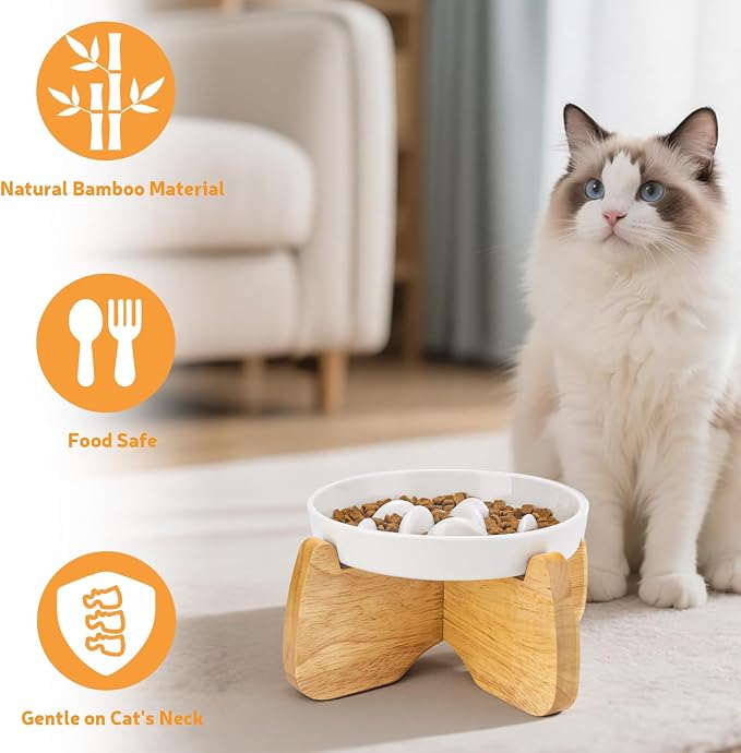 Elevated Cat Bowl Stand 6.1" Diameter 3.5" High with Non-Slip Pads | Natural Rubberwood, Universal Fit, Detachable, Raised, Anti Vomiting, Ergonomic, Wooden Pet Feeder Holder, Home Decor