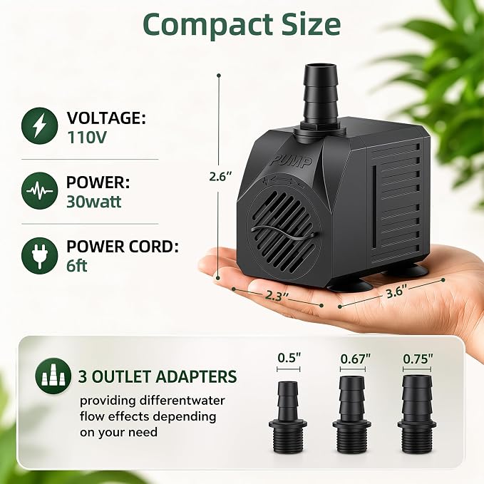 Reliable Waterfall Fountain Pump:Run 24/7 for Stable Circulation | 30W 550GPH 7.2ft Adjustable for 2-5ft 2-4 Tier Fountain & 185℉ Dry Burn Safe - 20dB Ultra Quiet Only Natural Water Sound