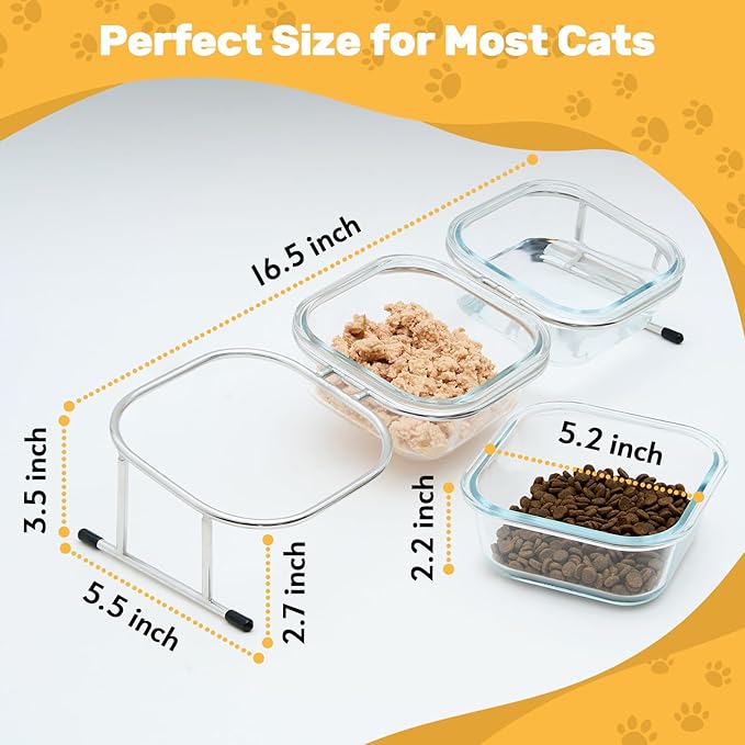 Hannadepot Elevated Cat Bowls, 15° Tilted Glass Raised Cat Food Bowl with Stainless Steel Stand, 3 Glass Cat Bowls and 4 Anti Slip Feet, Suitable for Cats and Little Dogs