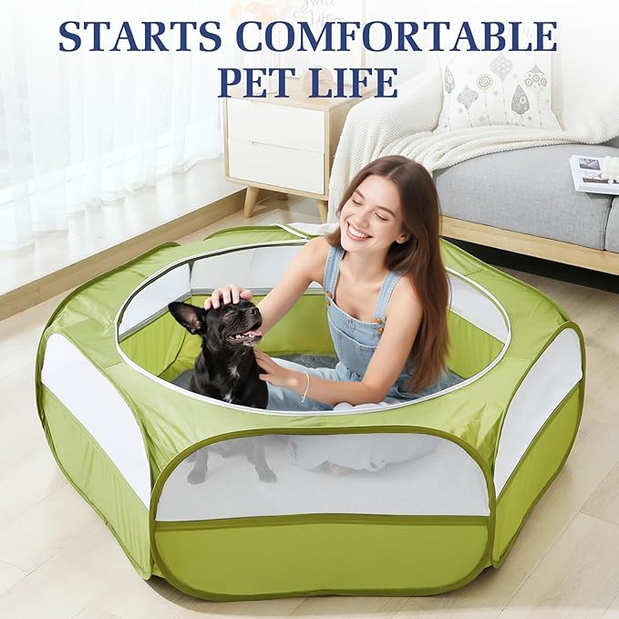 2-in-1 Small Animals Playpen with Pad, Waterproof Small Pet Cage Tent with Reusable Pad, Portable Outdoor Yard Fence with 3 Metal Rod for Chick/Kitten/Puppy/Guinea Pig/Rabbits/Chinchillas, Green+Gray