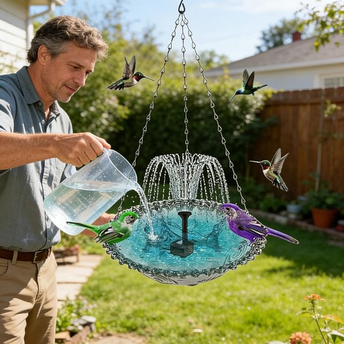 Hanging Solar Bird Bath Fountain with Solars Pump & Bowl & Chains Large Humming Solar Water Fountains with Flowing Water for Outdoor Garden Backyard Patio Lawn(Purple)